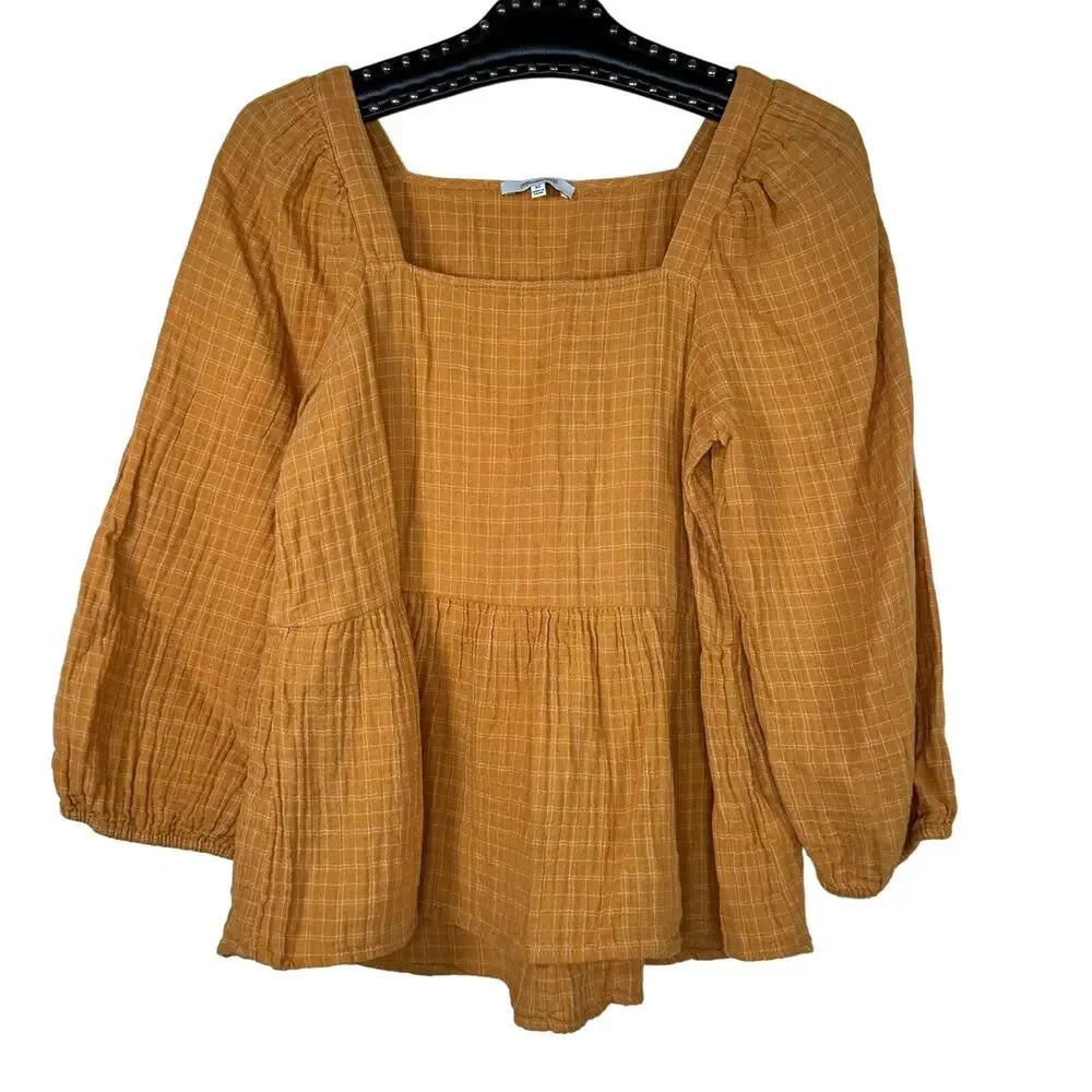 Madewell Windowpane Lightspun Millbrook Puff-Sleeve Peplum Top XS